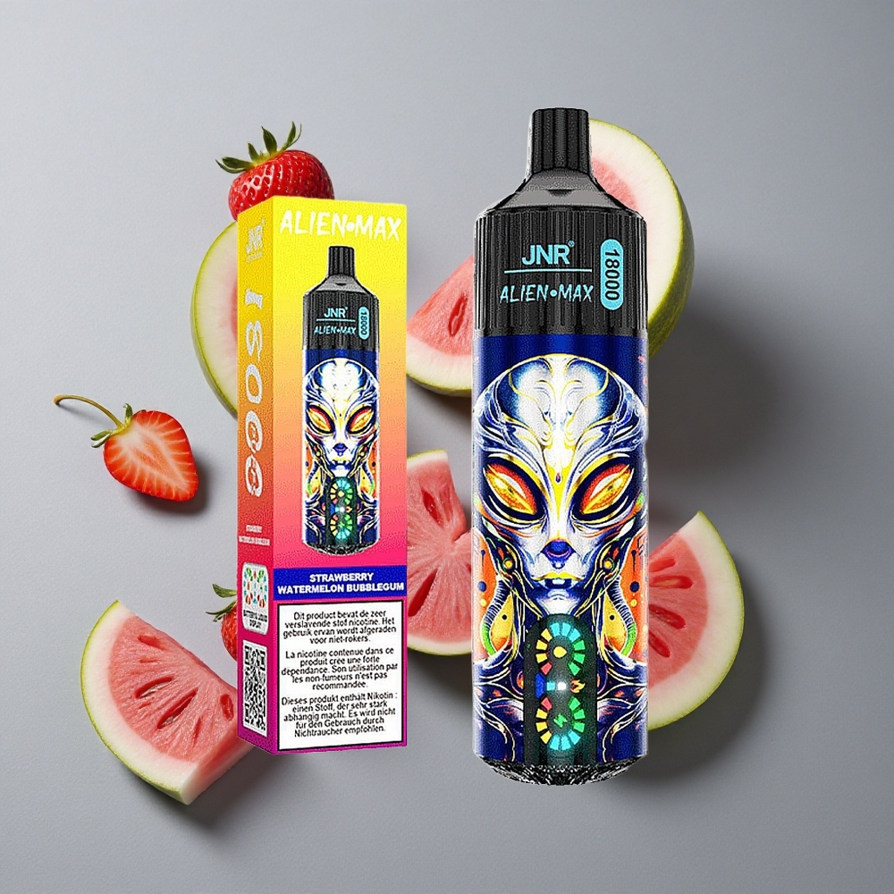 JNR Alien Max 18000 Puffs Capsa Dubla & Dual Core Capsula Dulceata de Capsuni Pepene Verde