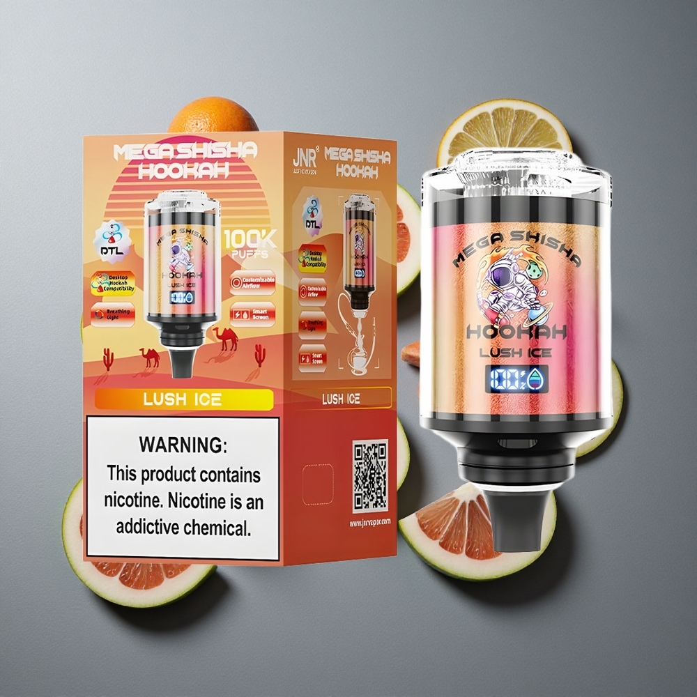 JNR Mega Shisha Hookah 100K Desktop Compatibility Lush Ice Gheață Lucioasă cu 60ml Capacitate și 100000 de fumuri