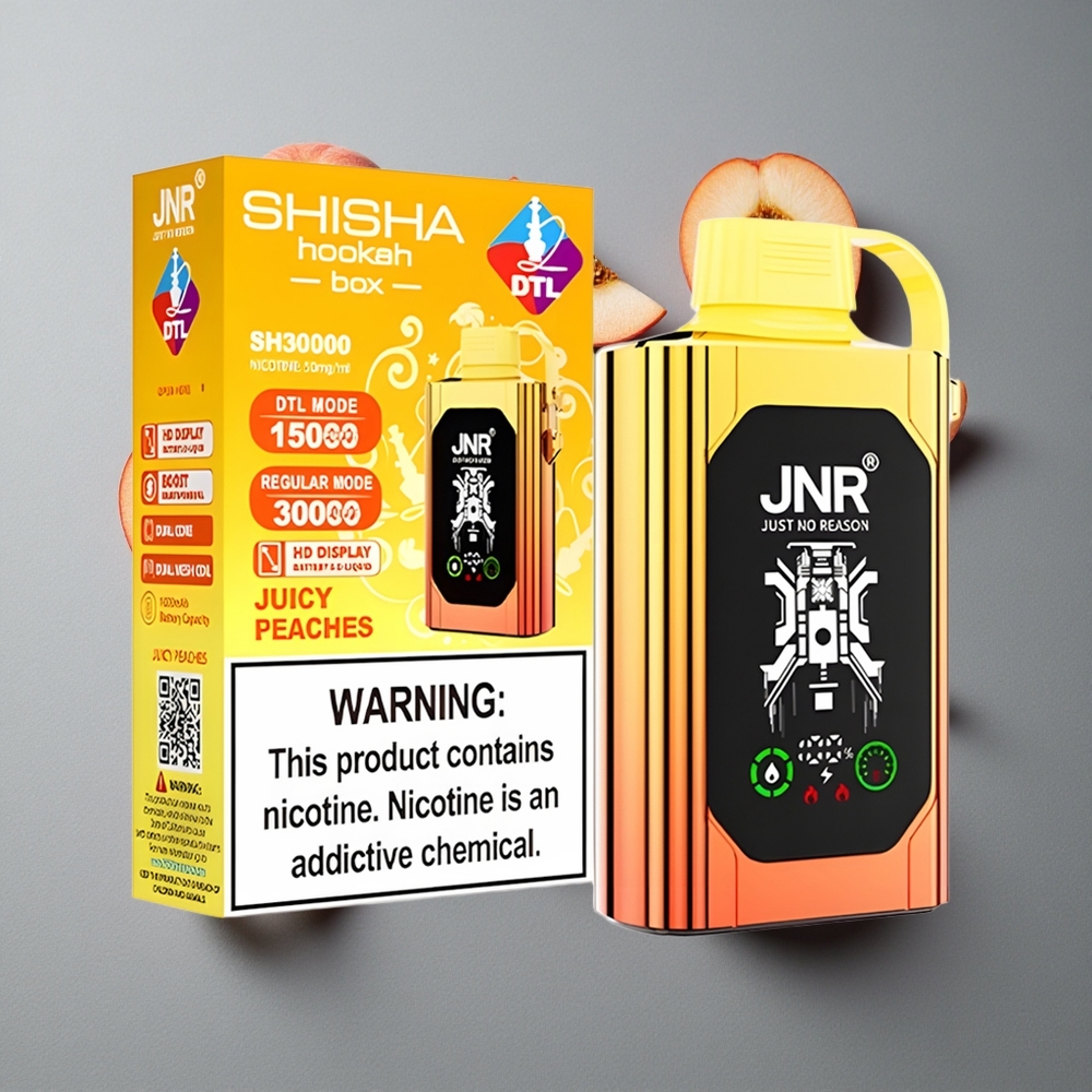JNR Shisha Hookah Box 20500 Puffs Vape de unică folosință piersici suculente cu 25ml lichid și Dual Mesh Coil & Dual Core