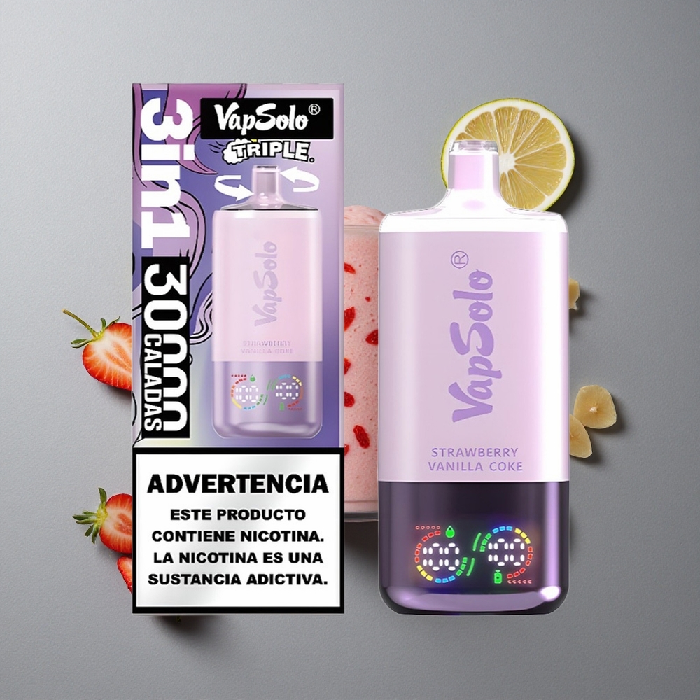 VapSolo Triple 30000 Puffs Capsa de Vanilie cu Căpșuni Port de Încărcare Type-C