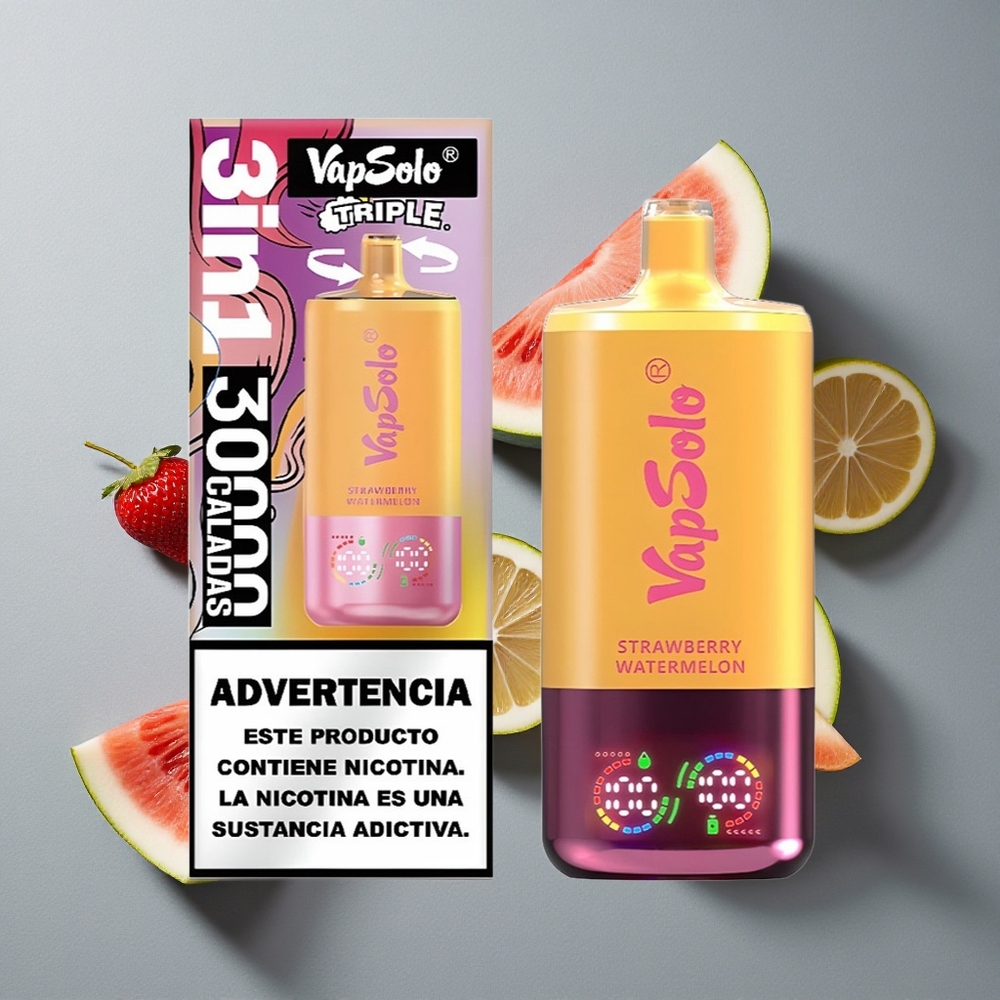 VapSolo Triple 30000 Puffs Capsuni Pepene & Lămâie piersică cu Port de Încărcare Type-C