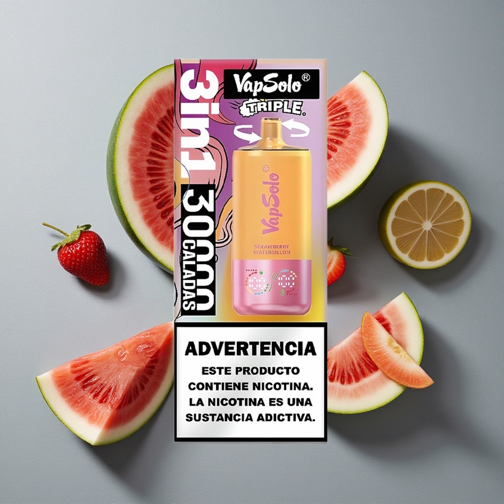 VapSolo Triple 30000 Puffs Capsuni Pepene & Lămâie piersică cu Port de Încărcare Type-C