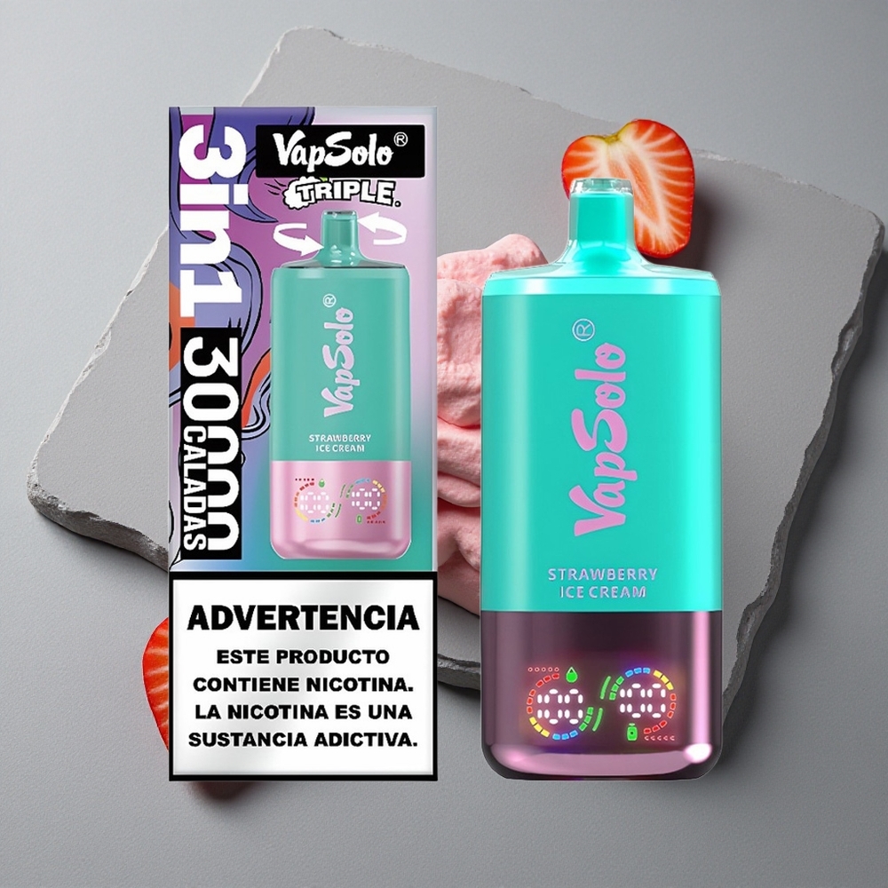 VapSolo Triple 30000 Puffs Crema de Căpșuni Înghețată cu 40ml E-Lichid și Port Type-C