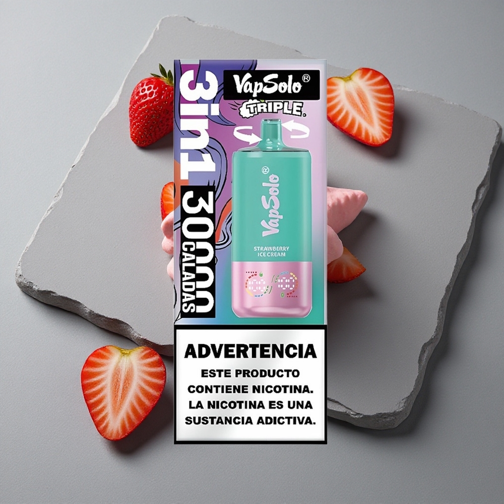 VapSolo Triple 30000 Puffs Crema de Căpșuni Înghețată cu 40ml E-Lichid și Port Type-C
