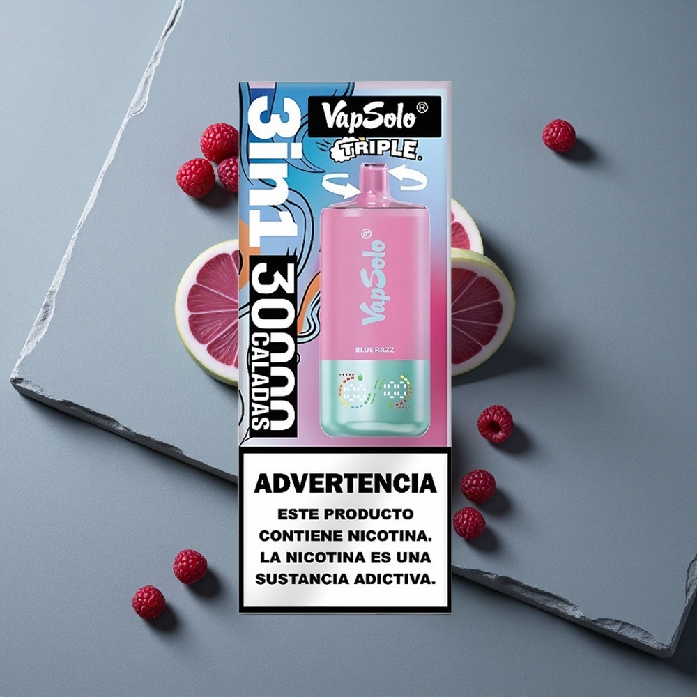 VapSolo Triple 30000 Puffs Port de Încărcare Type-C Aroma Zmeură Albastră