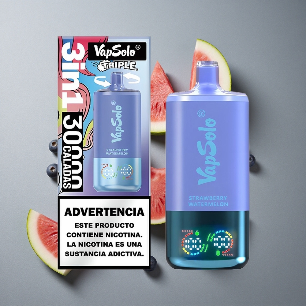 VapSolo Triple 30000 Puffs Tutun Capsuni & Pepene Galben și Afine Gheață cu Port de Încărcare Type-C