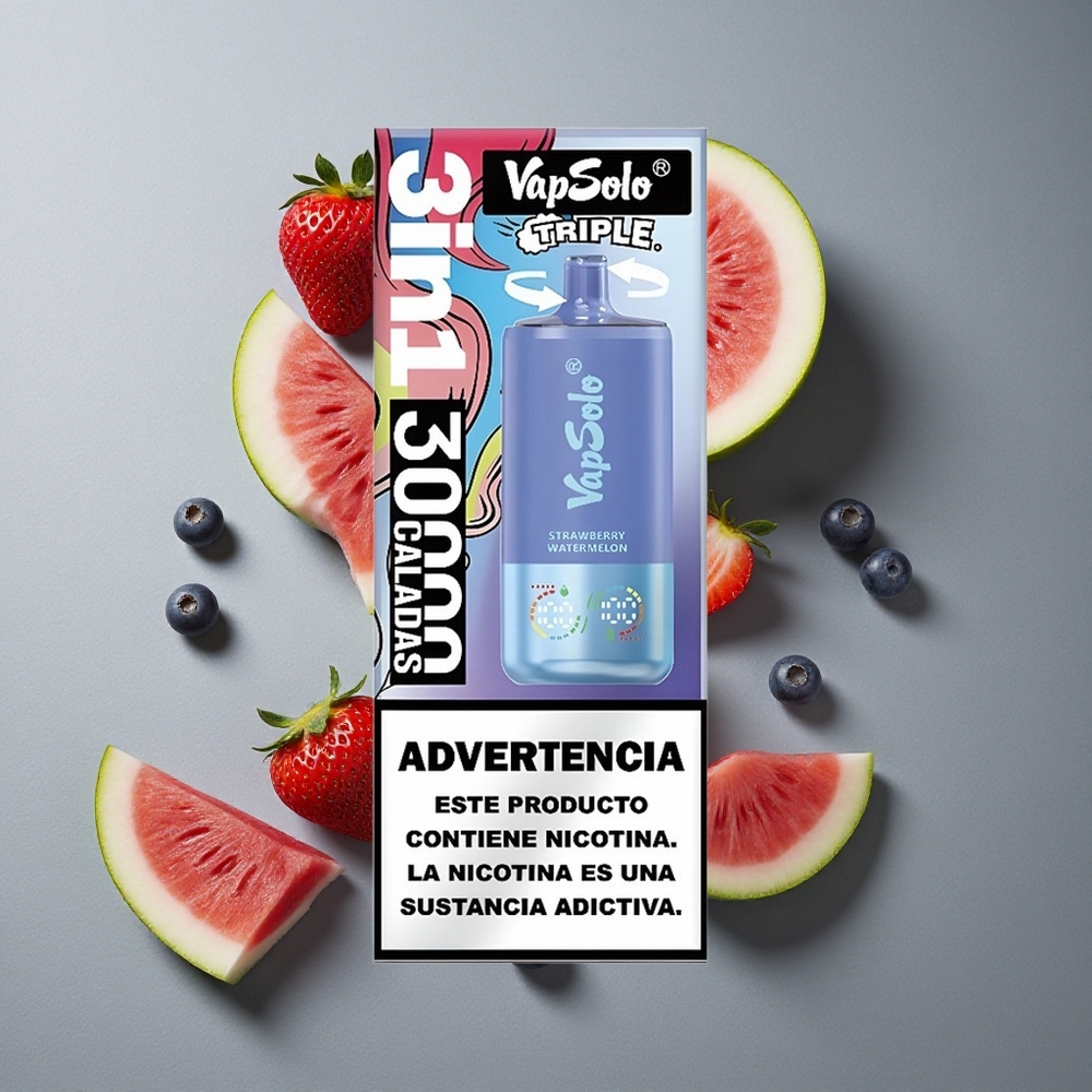 VapSolo Triple 30000 Puffs Tutun Capsuni & Pepene Galben și Afine Gheață cu Port de Încărcare Type-C