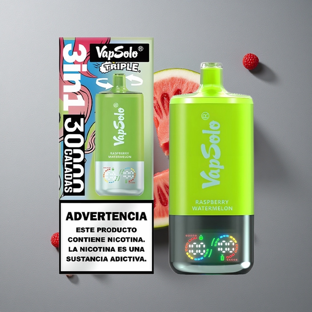 VapSolo Triple 30000 Puffs Zmeură Pepene Verde cu Port Type-C și 40ml E-Lichid