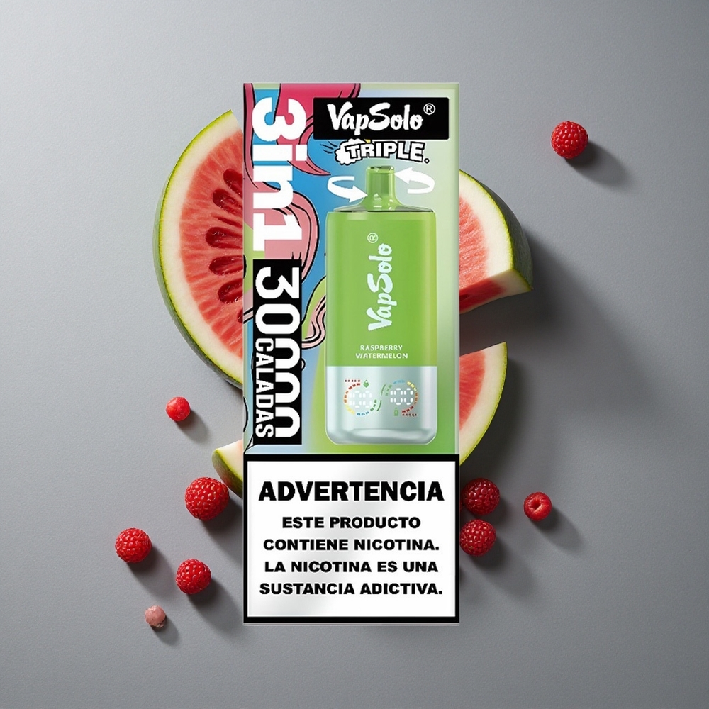 VapSolo Triple 30000 Puffs Zmeură Pepene Verde cu Port Type-C și 40ml E-Lichid